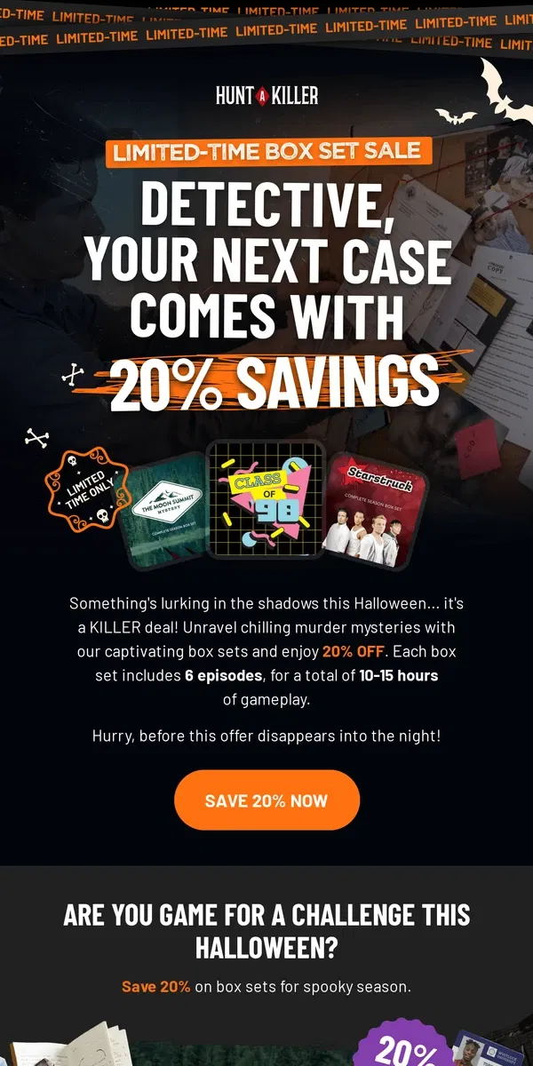 Email from Hunt A Killer. 20% off box sets | HALLOWEEN SALE