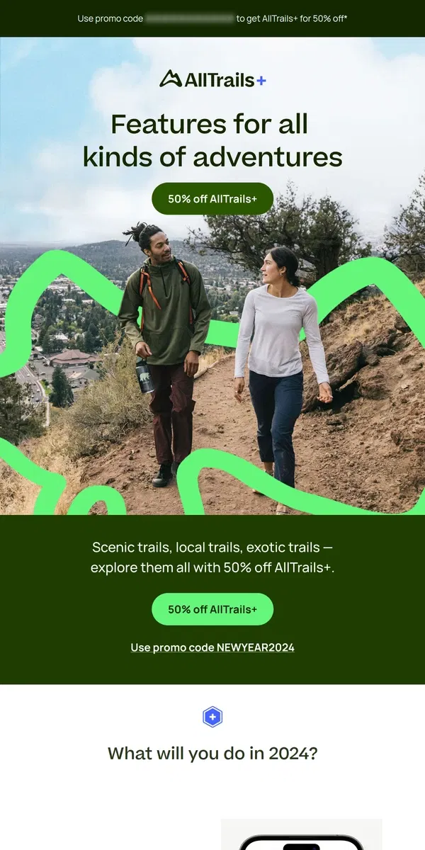 Email from AllTrails. 50% off a year of adventure