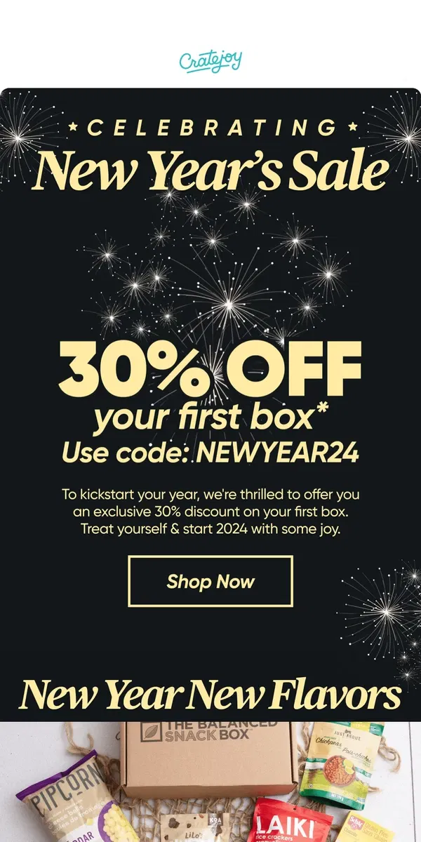 Email from Cratejoy. 🎉 Cheers to Savings! Enjoy 30% Off Your 1st Box in 2024 🥳