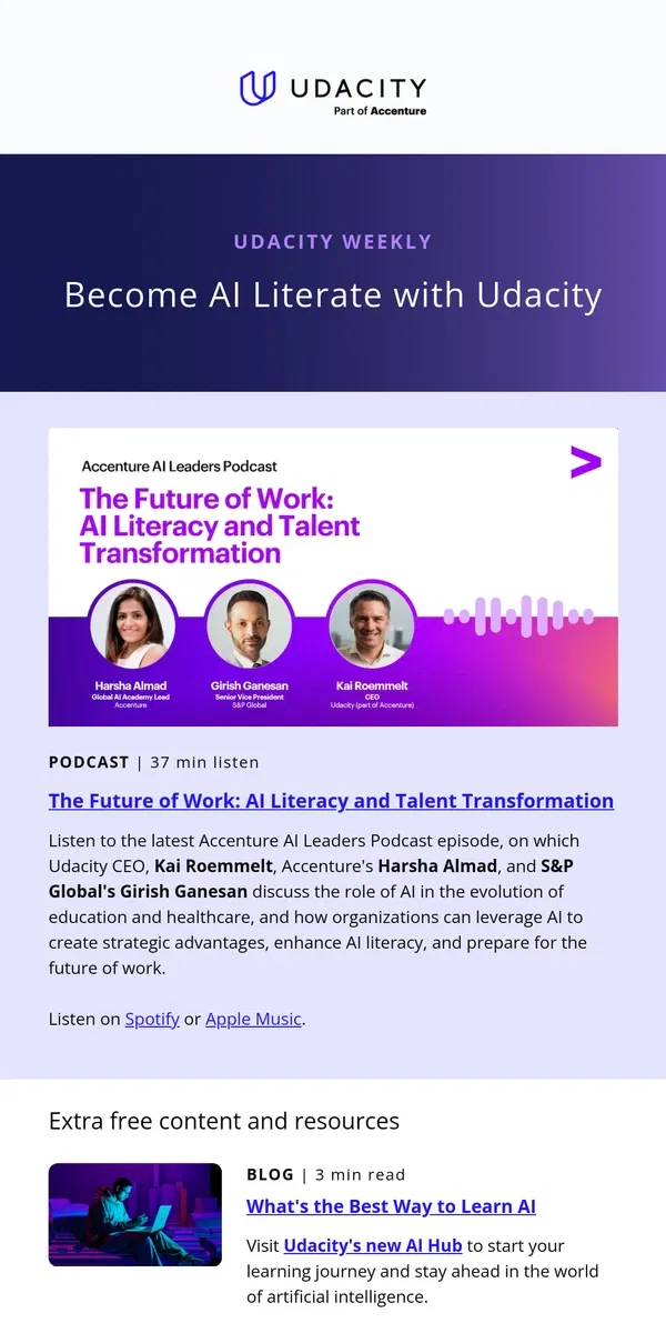 Email from Udacity. Udacity Weekly: AI Literacy and the Future of Work