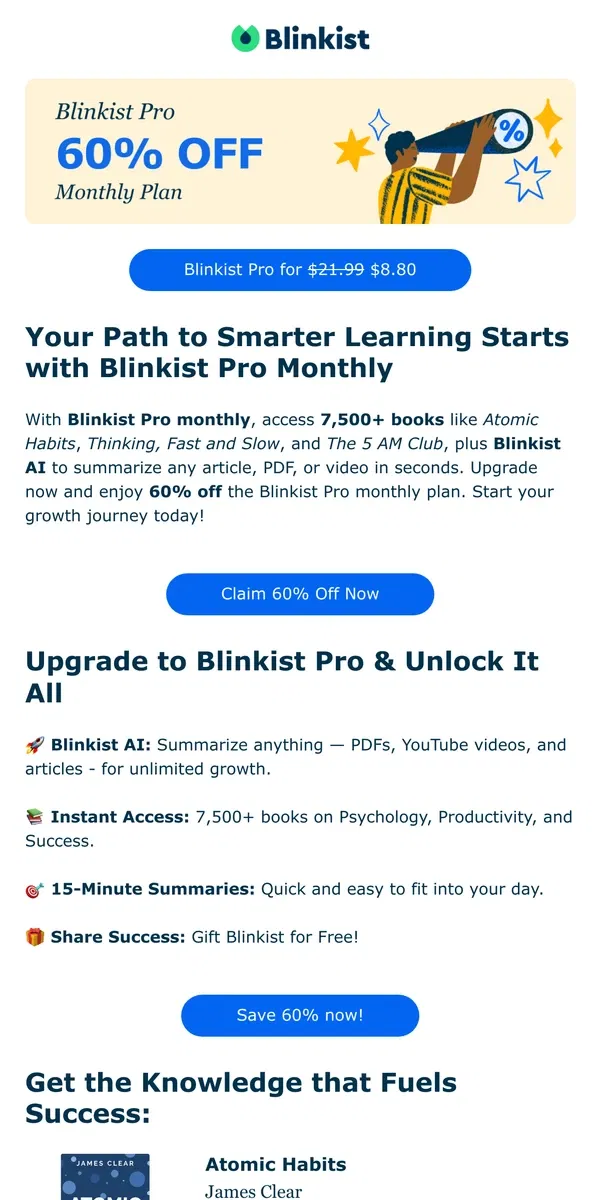 Email from Blinkist. 🚀 Your Shortcut to Smarter Learning – 60% Off Blinkist Pro Monthly!