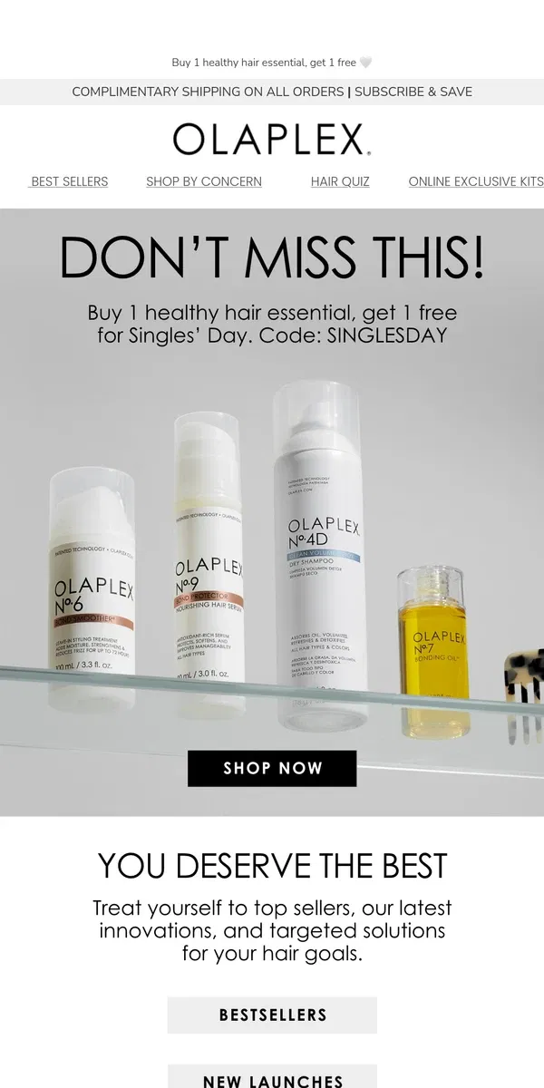 Email from OLAPLEX. Last Chance to Treat Yourself this Singles' Day