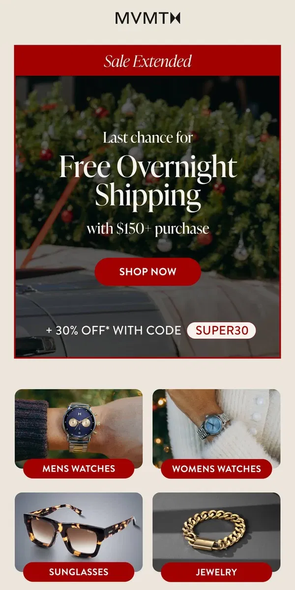 Email from MVMT. Free Overnight Shipping ends tomorrow