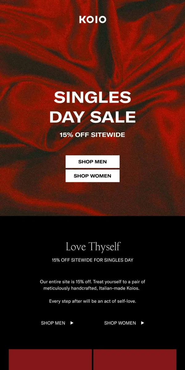 Email from Koio. The Singles Day Sale is live