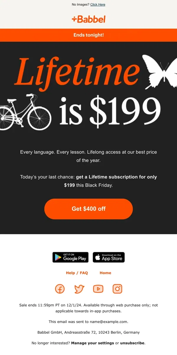 Email from Babbel. $199 Lifetime access ends tonight!