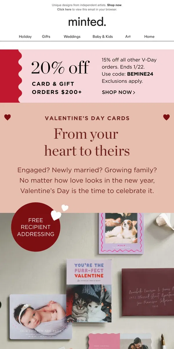 Email from Minted. Celebrate your new-year milestone with a V-Day card.