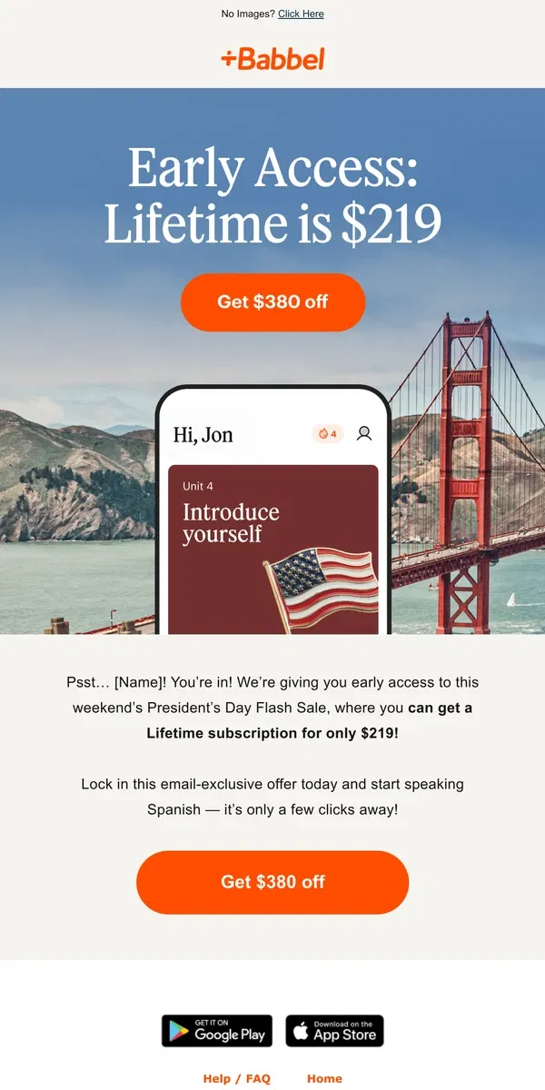 Email from Babbel. EARLY ACCESS: Lifetime is $219