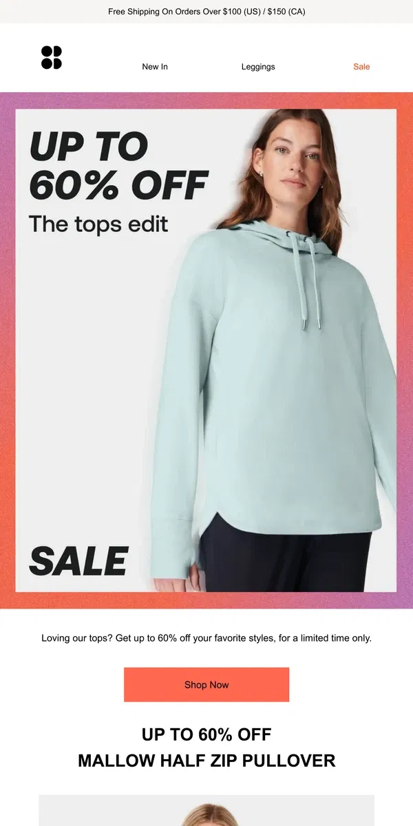 Email from Sweaty Betty. Our bestselling tops = up to 60% off