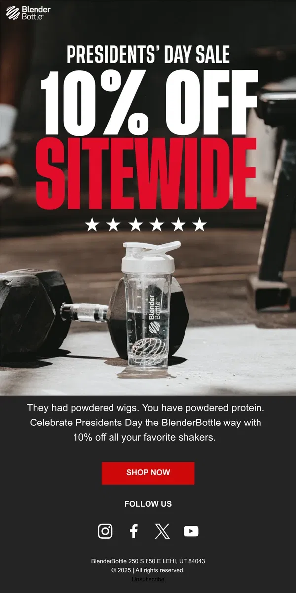 Email from BlenderBottle. Get 10% off sitewide for Presidents Day