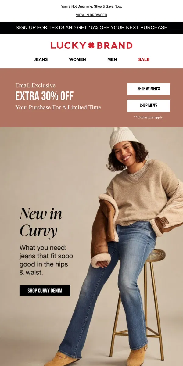 Email from Lucky Brand. 30% Off New Denim + EXTRA 30% Off Your Entire Order