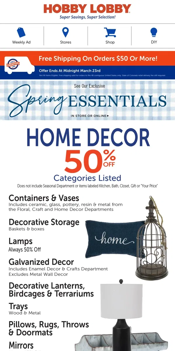 Email from Hobby Lobby. Lamps, Trays & More – 50% Off Home Decor