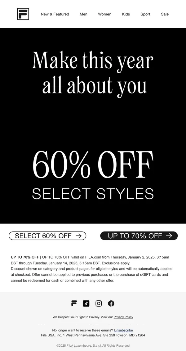 Email from FILA. Select Styles Now 60% Off