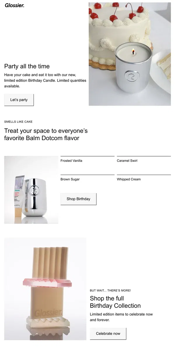 Email from Glossier. Party all the time