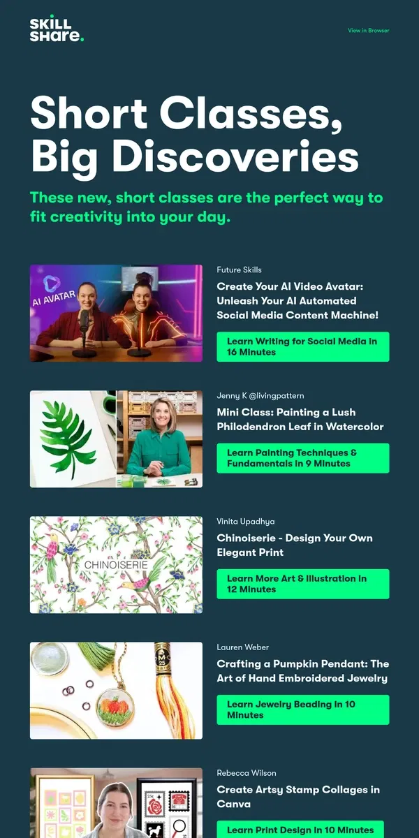 Email from Skillshare. Classes Under 30 Minutes, Picked For You