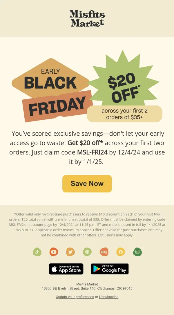 Email from Misfits Market. Unlock Early Black Friday Savings