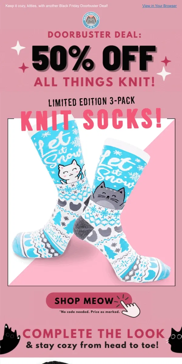 Email from Meowingtons. 50% OFF All Things Knit! 🙀 🧶