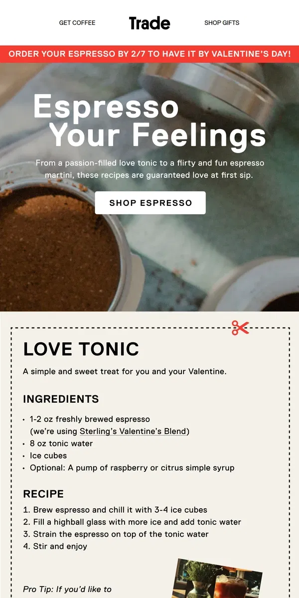 Email from Trade Coffee. Valentine’s Drink Recipes 🍸