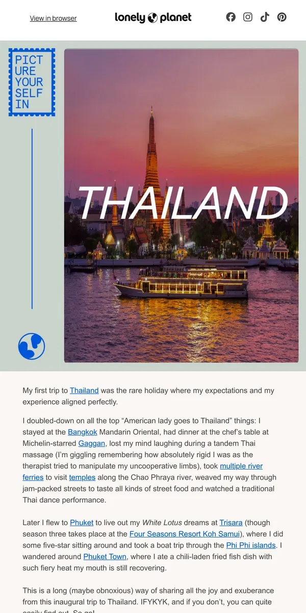 Email from Lonely Planet. Thailand truly tantalizes 🇹🇭