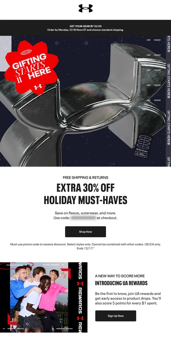 Email from Under Armour. Extra 30% off Holiday Must-Haves