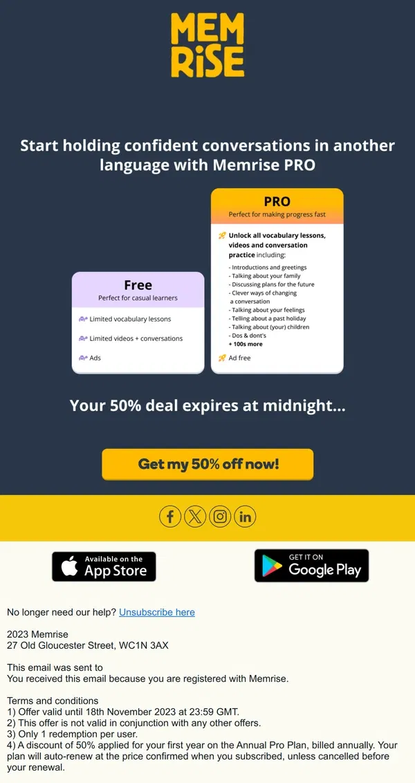 Email from Memrise. Final 12 hours to claim your 50% discount on Memrise PRO