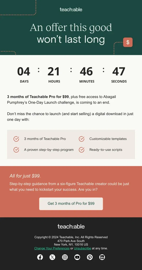 Email from Teachable. Last chance to save on Pro