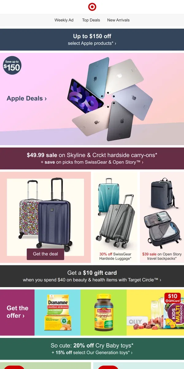 Email from Target. Up to $150 off select Apple products.