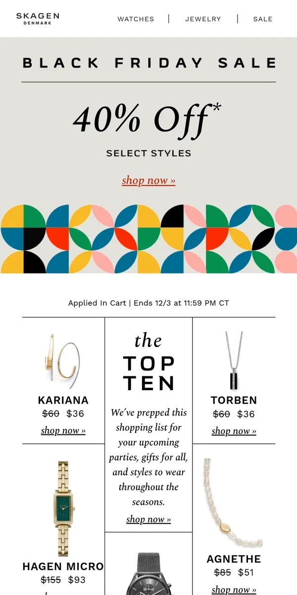 Email from Skagen. shop our top 10 bestsellers for black friday.