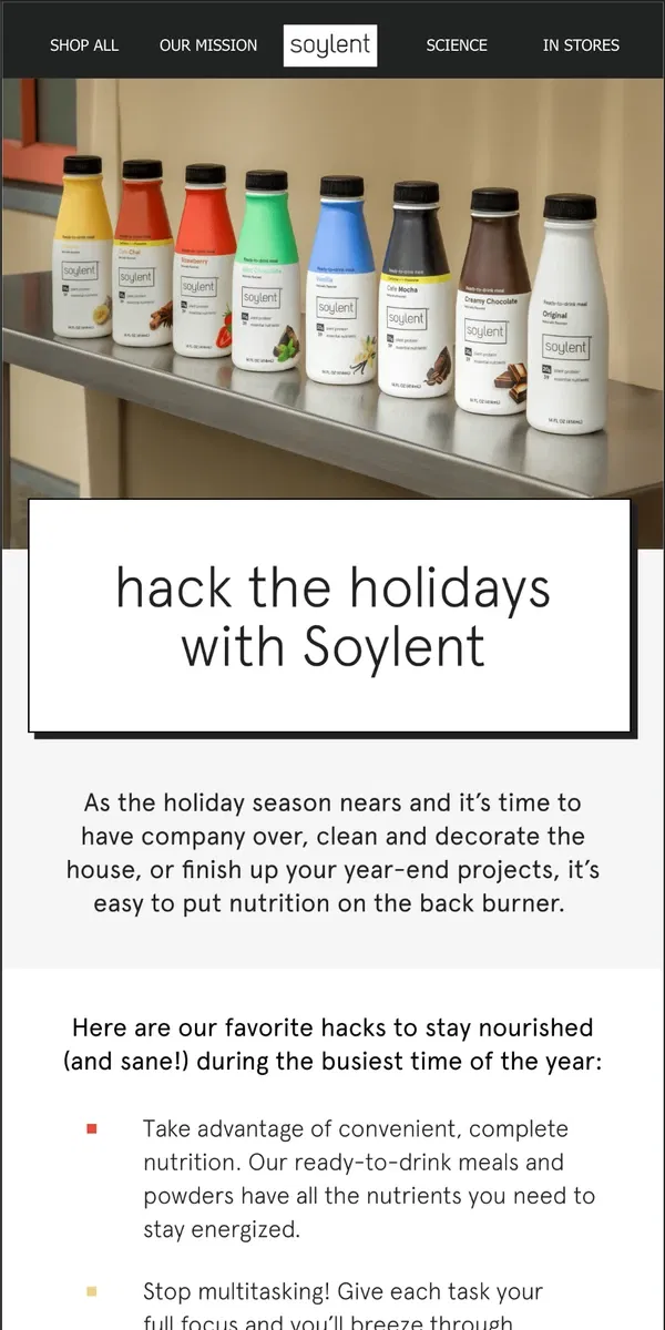 Email from Soylent. Stay strong this season: Soylent's holiday boost