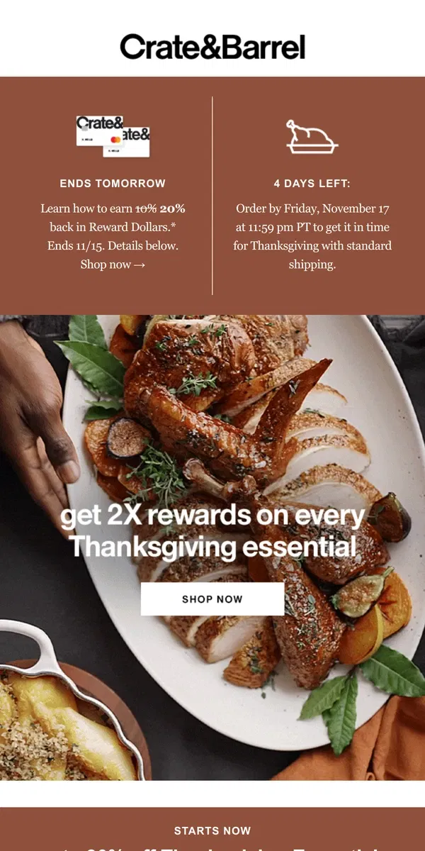 Email from Crate & Barrel. Ends tomorrow: DOUBLE REWARDS