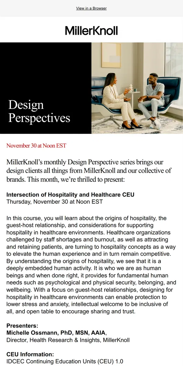 Email from Herman Miller. Join Us on November 30 for MillerKnoll’s Design Perspectives Series