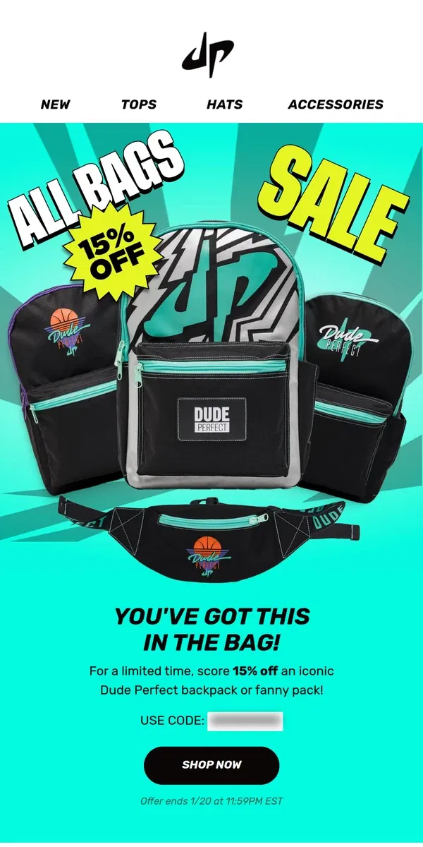 Email from Dude Perfect. ON SALE NOW: Backpacks and Fanny Packs! 🎒🎒🎒