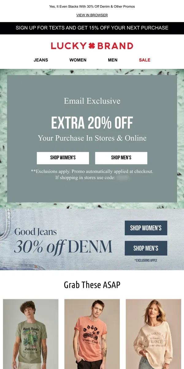 Email from Lucky Brand. 🎉  STARTS TODAY! Extra 20% Off Your Purchase