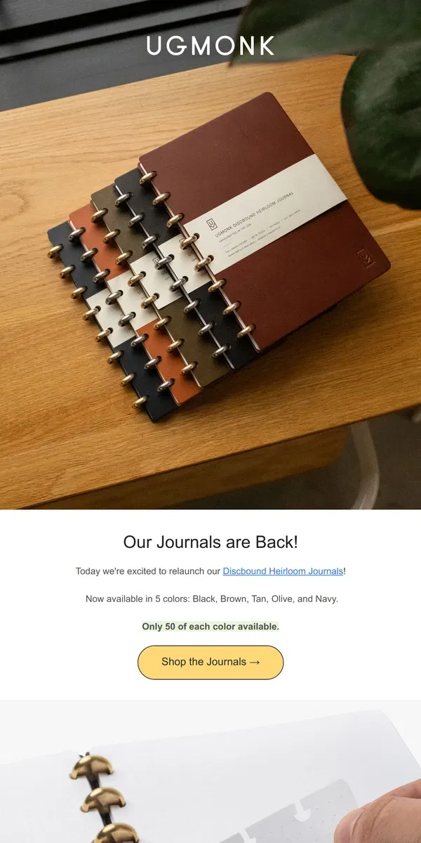 Email from Ugmonk. Discbound Heirloom Journals are back! 👏