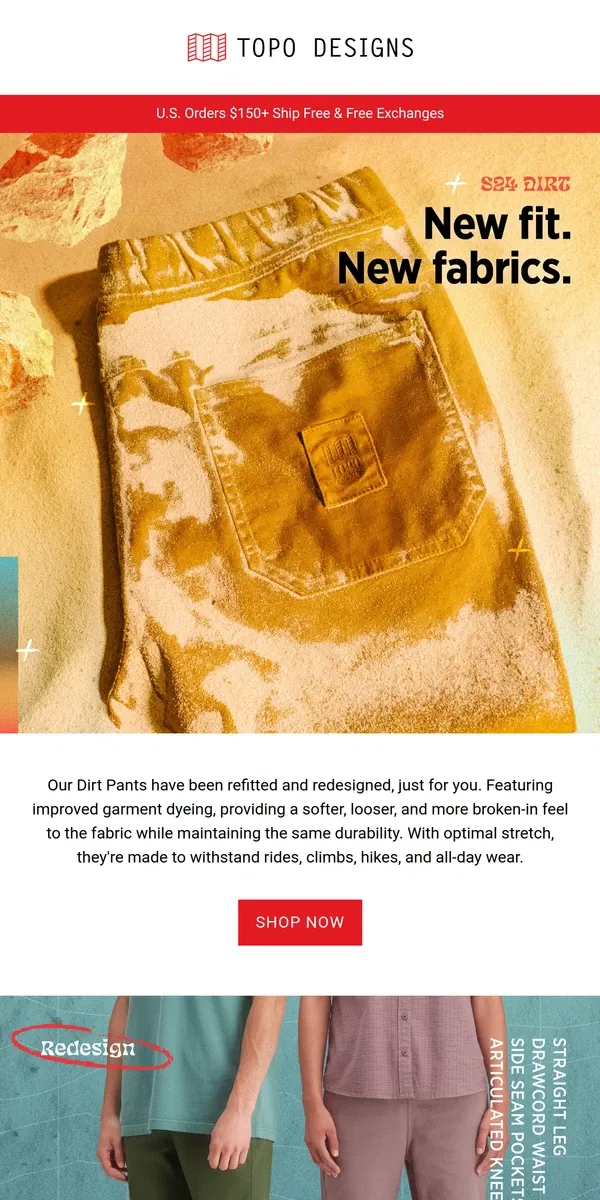 Email from Topo Designs. Our Dirt Pants Got An Upgrade.