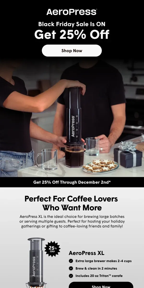 Email from AeroPress. Hosting? Brew Big with AeroPress XL 🤩