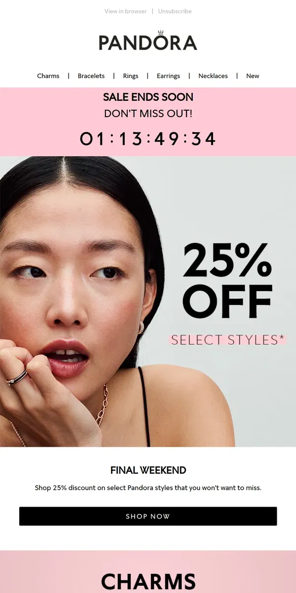 Email from Pandora Jewelry. Ending Soon! 25% Off Select Styles