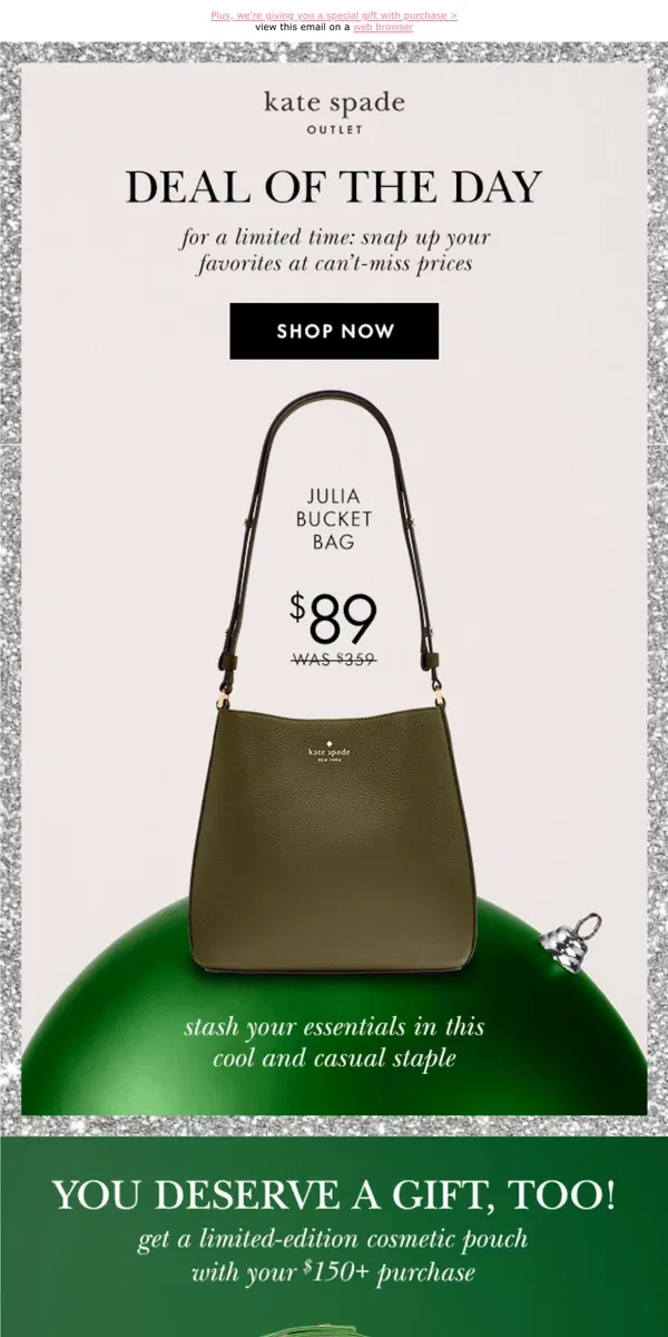 Email from Kate Spade. Deal alert! Our Julia bucket bag is now $89