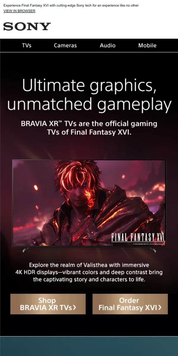 Email from Sony. Picture-Perfect Gaming: BRAVIA XR TVs Deliver an Immersive Experience