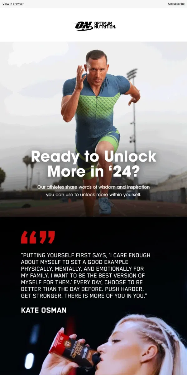 Email from Optimum Nutrition. Ready to Unlock More in ‘24?