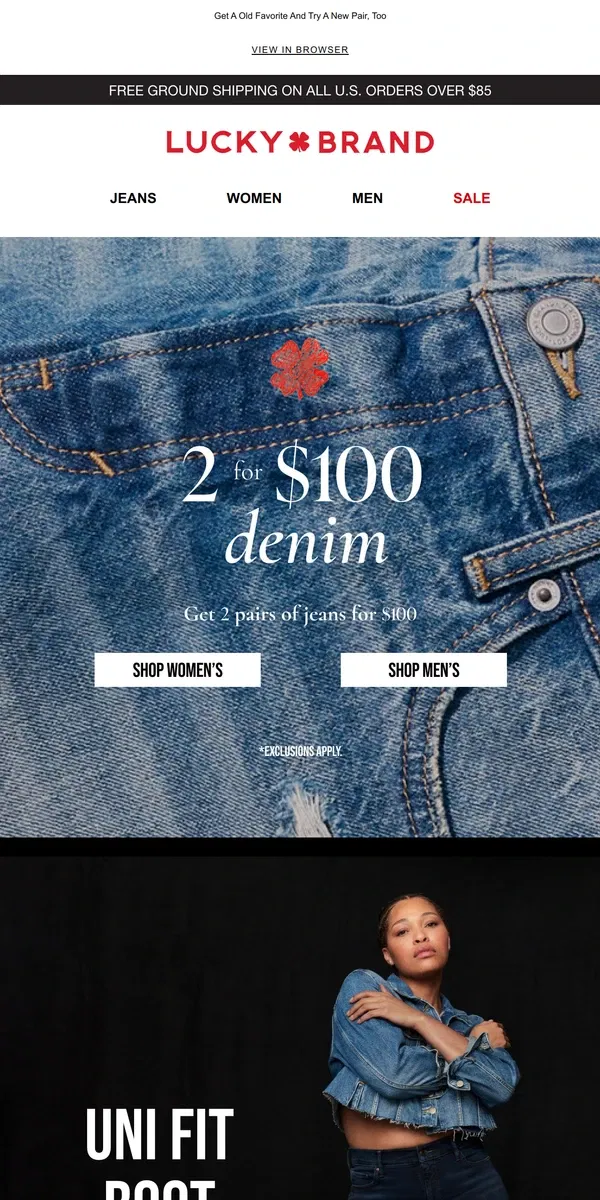 Email from Lucky Brand. YES! Get 2 Jeans For $100