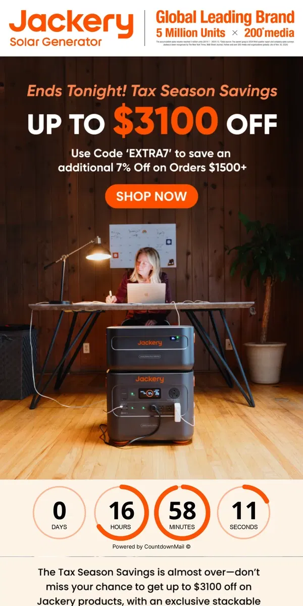 Email from Jackery. 🚨Ends Tonight | Up to $3100 Off + Extra Savings!