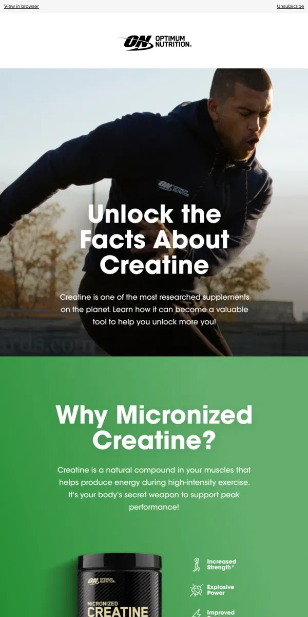 Email from Optimum Nutrition. Unlock the Facts About Creatine 🗝