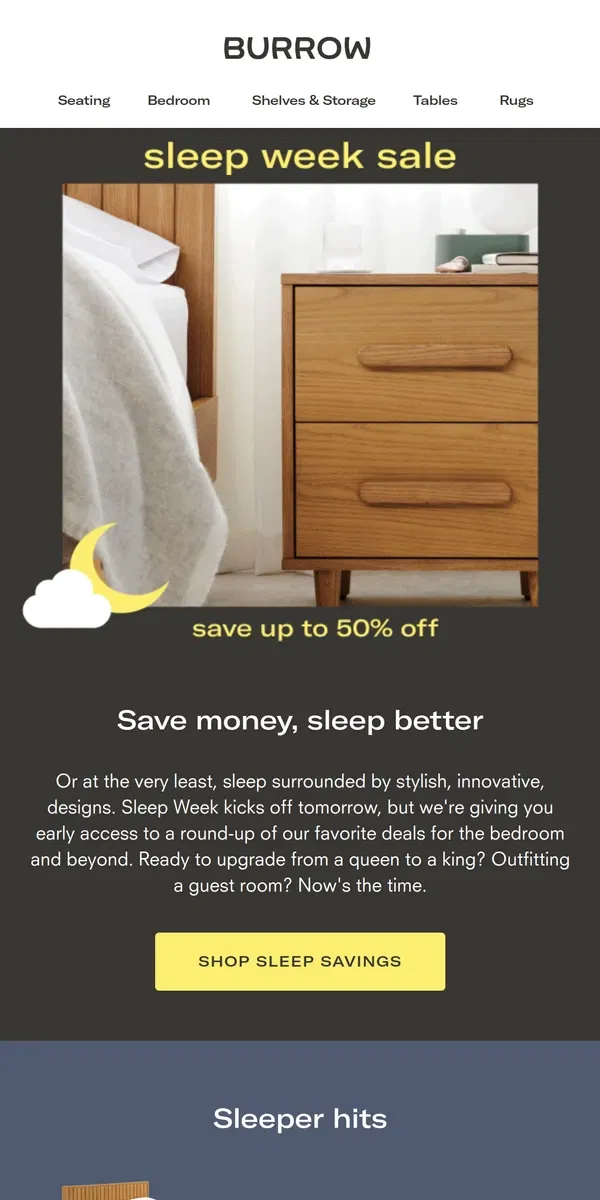 Email from Burrow. Sleep Week savings just woke up