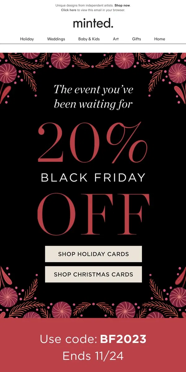 Email from Minted. Black Friday: 20% off + free shipping