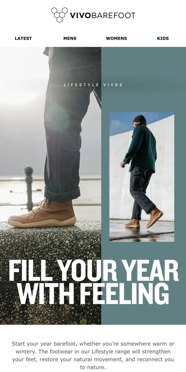 Email from Vivobarefoot. Fill your year with feeling