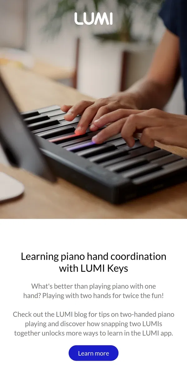 Email from LUMI. Twice the fun playing LUMI Keys with two hands 🎹