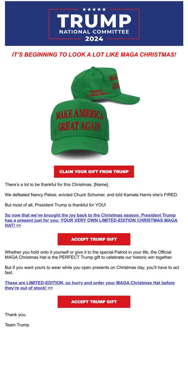 Email from Donald J. Trump. Trump Christmas gift for [Name].