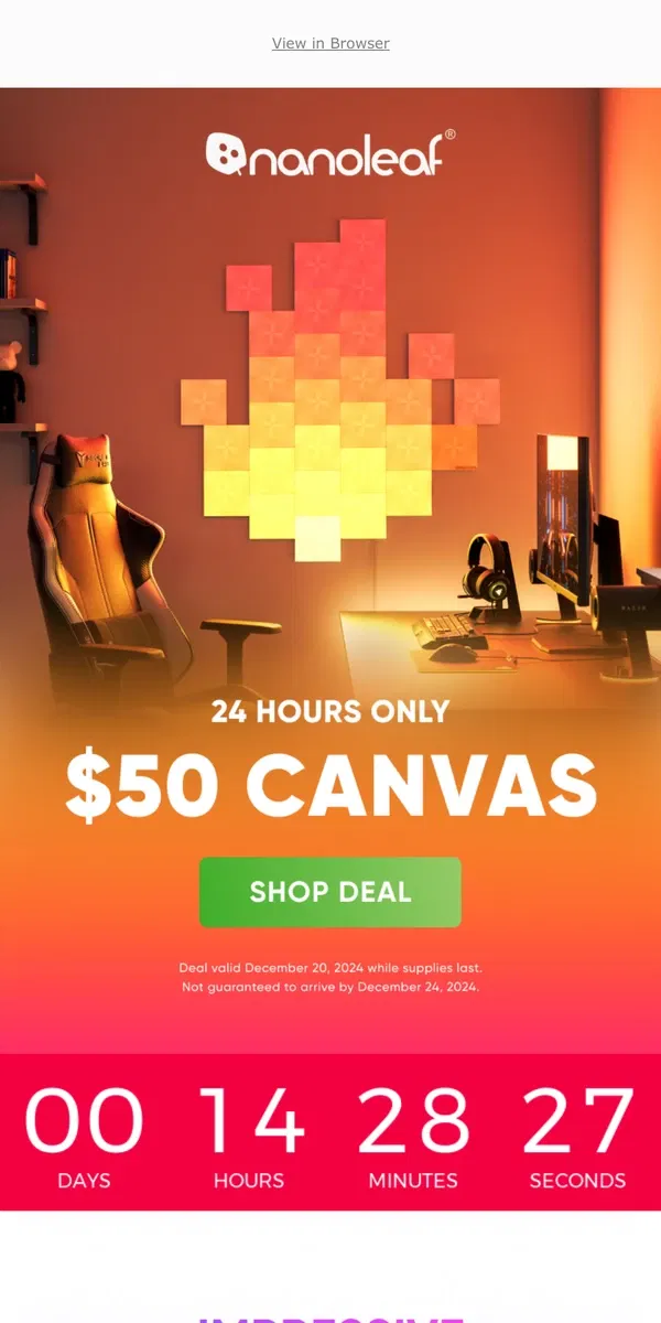 Email from Nanoleaf. Canvas for $50 😱 1 Day Only!!!