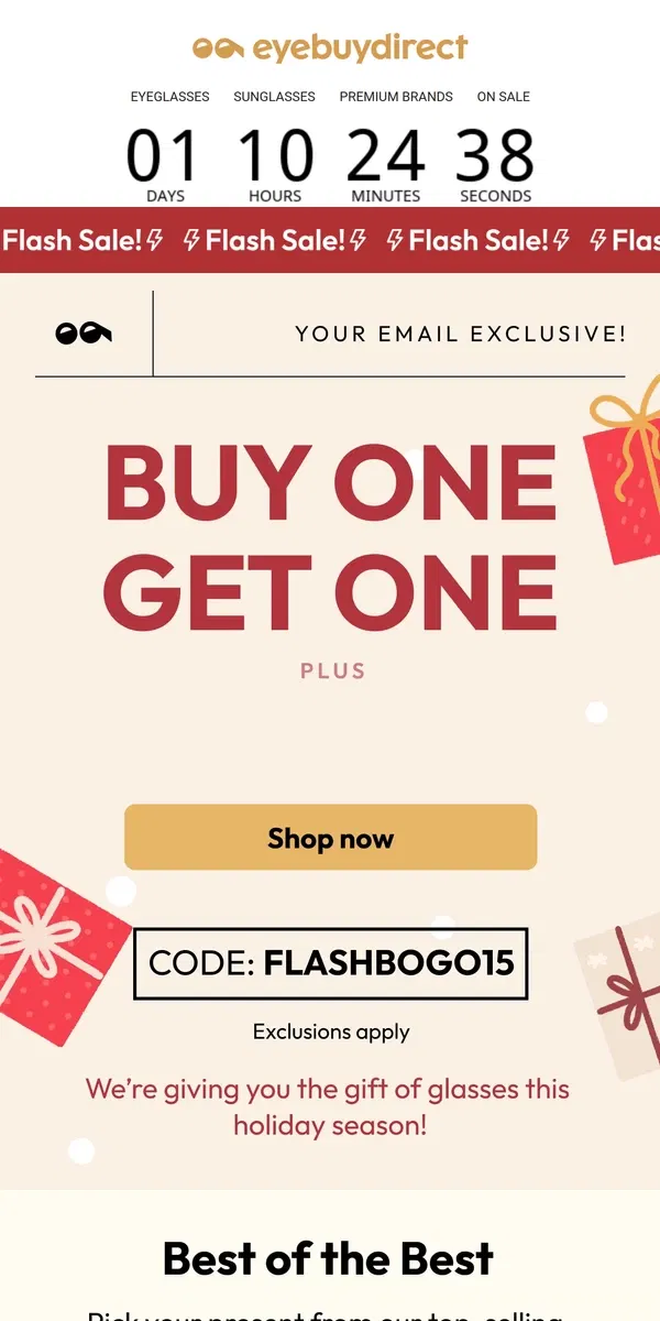 Email from Eyebuydirect. 48-HR FLASH SALE: Buy 1 Get 1 FREE + Extra 15% Off!🤩🤩