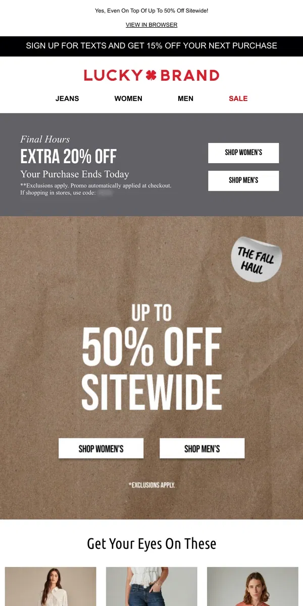 Email from Lucky Brand. FINAL HOURS! ⏰ Extra 20% Off Your Fall Haul